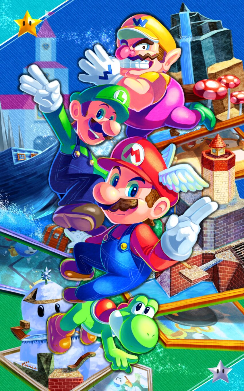 3boys absurdres blue_overalls brown_footwear castle colored_skin gloves green_footwear green_hat green_shirt green_skin grin hat highres looking_at_viewer luigi mario mario_(series) multicolored_skin multiple_boys nintendo open_mouth overalls purple_overalls red_hat red_shirt ship shirt smile super_mario_64_ds super_star_(mario) treasure_chest two-tone_skin wario watercraft white_gloves wing_cap yellow_hat yellow_shirt yoshi yuuma_rimi