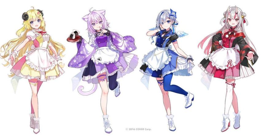 4girls ahoge amane_kanata angel angel_wings animal_ear_fluff animal_ears asymmetrical_hair bell blonde_hair blue_hair braid breasts cat_ears cat_girl cat_tail colored_inner_hair copyright_name curled_horns double_bun feathered_wings food full_body gradient_hair gradient_wings grey_hair hair_bell hair_bun hair_ornament hairclip half_updo halo hololive horns jingle_bell large_breasts long_hair long_sleeves mini_wings multicolored_hair multicolored_wings multiple_girls nakiri_ayame nekomata_okayu official_art oni onigiri ponytail puffy_short_sleeves puffy_sleeves purple_eyes purple_hair red_eyes red_hair sheep_ears sheep_girl sheep_horns short_hair short_ponytail short_sleeves single_hair_intake single_thighhigh skin-covered_horns star_halo streaked_hair tail thighhighs tiv tsunomaki_watame two_side_up very_long_hair virtual_youtuber white_background white_hair white_wings wide_sleeves wings