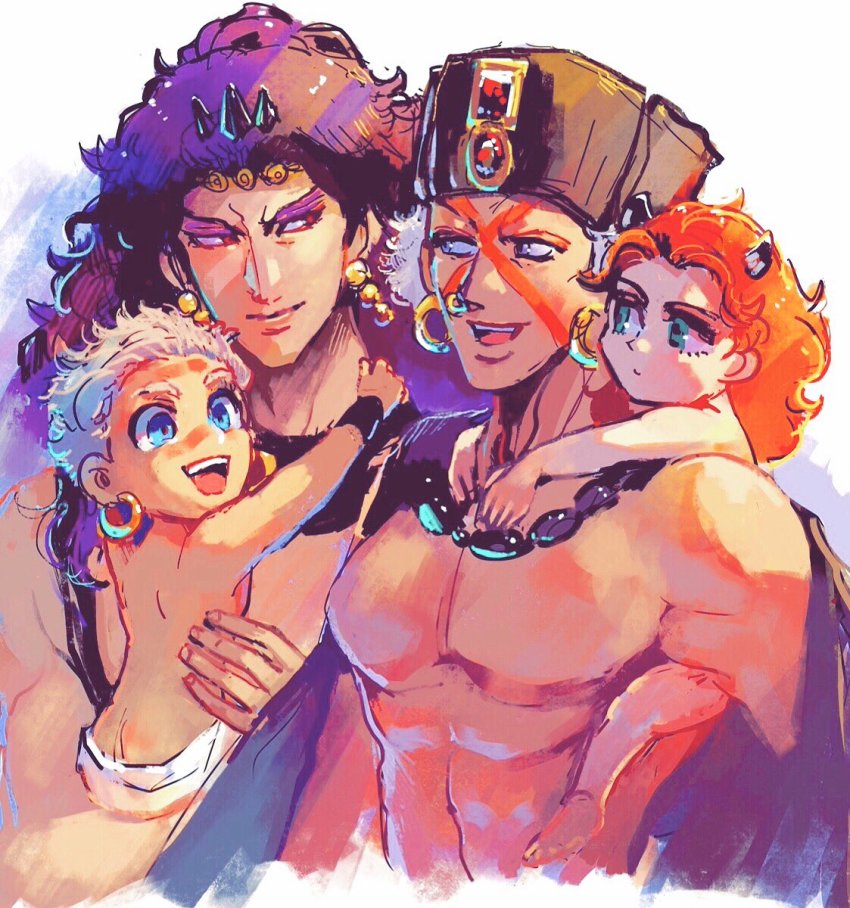 aged_down baby bad_id bad_pixiv_id battle_tendency child chocoblood diaper earrings esidisi facial_mark family grey_hair hat highres hoop_earrings horns jewelry jojo_no_kimyou_na_bouken kars_(jojo) large_pectorals muscular muscular_male nose_piercing nose_ring pectorals piercing purple_hair red_hair santana_(jojo) turban wamuu white_hair