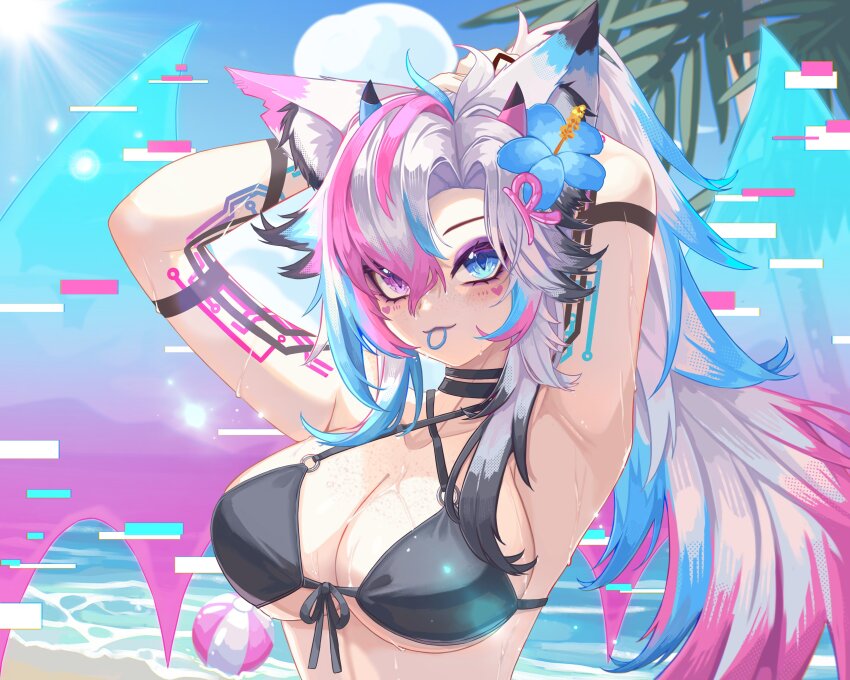 1girl absurdres angrycomputer_studio animal_ear_fluff armpits ball beach beachball bikini black_bikini black_choker blue_eyes blue_flower blue_hair body_markings breasts choker cleavage commission facial_mark flower grey_hair hair_flower hair_ornament heart heart_facial_mark heterochromia highres horns indie_virtual_youtuber mouth_hold o-ring o-ring_bikini palm_leaf pink_hair purple_eyes ravenna_nya solo sun swimsuit upper_body vgen_commission virtual_youtuber wet