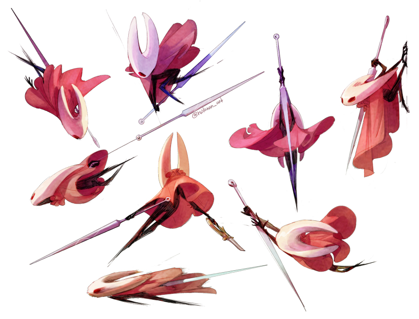 1girl arthropod_girl artist_name black_eyes black_skin blank_eyes cloak colored_skin female_focus from_above from_behind from_below from_side furry furry_female highres holding holding_weapon hollow_knight hollow_knight:_silksong hornet_(hollow_knight) jumping motion_blur multiple_views needle_(hollow_knight) no_feet on_wall red_cloak ruslanan signature simple_background string twitter_username weapon white_background