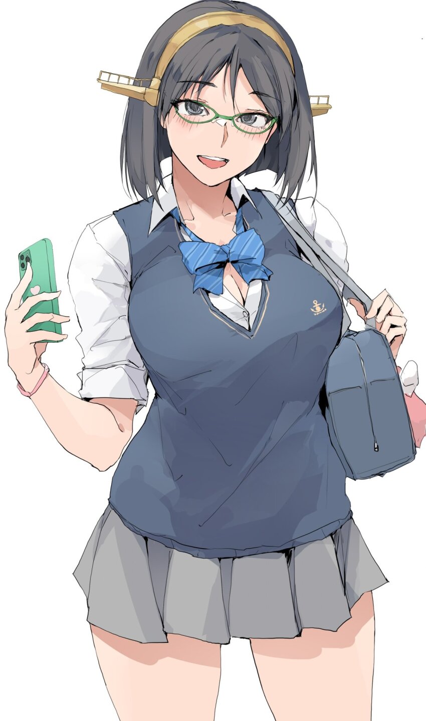 1girl :d anchor_print bag black_hair blue_bow blue_bowtie blue_cardigan bow bowtie breasts cardigan cleavage collared_shirt commentary_request contemporary glasses green-framed_eyewear grey_skirt headgear highres holding holding_phone kantai_collection kirishima_(kancolle) large_breasts looking_at_viewer loose_bowtie miniskirt open_mouth partially_unbuttoned phone pleated_skirt school_bag school_uniform shirt short_hair simple_background skirt smile solo white_shirt zekkyon