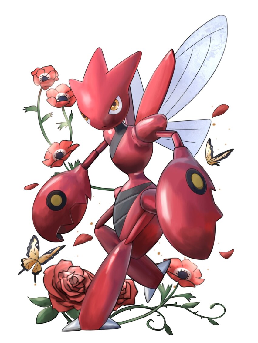 bug butterfly claws flower full_body gen_2_pokemon highres insect nintendo pokemon pokemon_(creature) red_flower red_rose redamber334 rose scizor simple_background white_background yellow_eyes