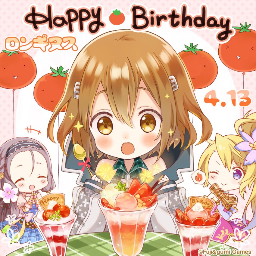 3girls ^_^ balloon blonde_hair blue_eyes blush brown_eyes brown_hair character_name chibi chibi_only closed_eyes commentary_request company_name double-parted_bangs dress flower food g-row grey_hair gun hair_between_eyes hair_flower hair_ornament hairband hairclip happy_birthday highres holding holding_gun holding_weapon long_hair longinus_(phantom_of_the_kill) megiddo_(phantom_of_the_kill) multiple_girls official_alternate_costume official_art one_eye_closed open_mouth parfait phantom_of_the_kill rhongomyniad_(phantom_of_the_kill) second-party_source short_hair smile spoon tomato weapon