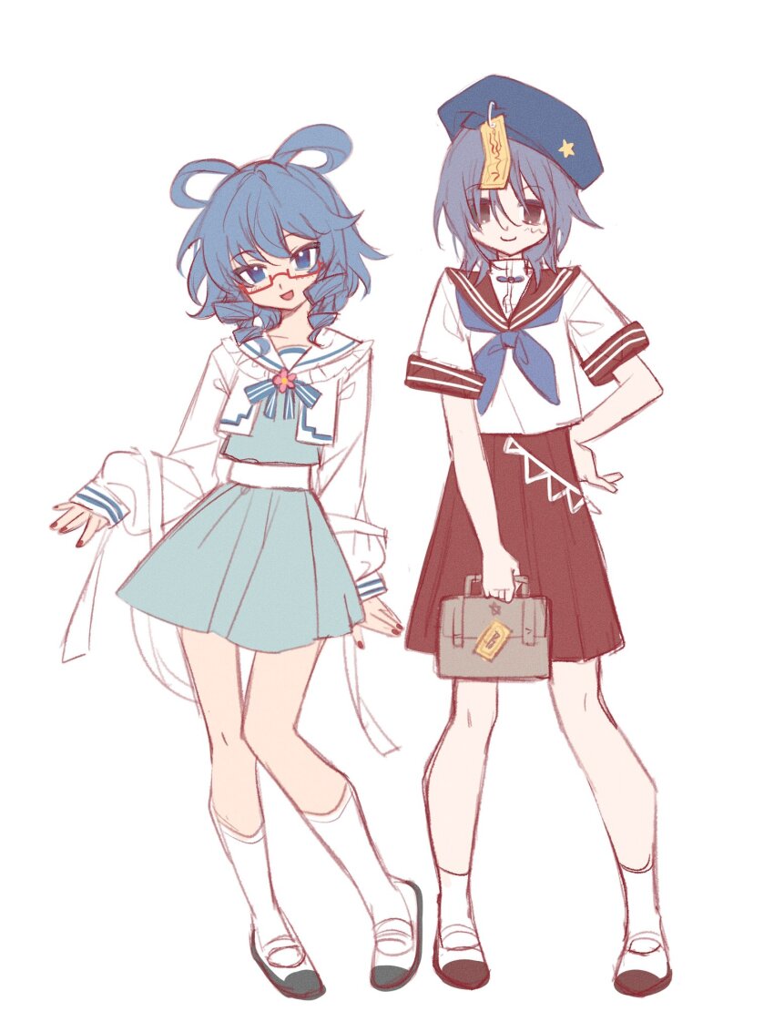 2girls 80isiiii alternate_costume bag beret bespectacled black_eyes blue_dress blue_eyes blue_hair blue_hat blue_neckerchief brown_bag closed_mouth commentary contrapposto dress drill_hair drill_sidelocks full_body glasses grey_hair hair_rings hat hat_ornament highres holding holding_bag jacket jiangshi kaku_seiga long_sleeves looking_at_viewer miyako_yoshika multiple_girls neckerchief ofuda open_mouth red-framed_eyewear red_sailor_collar red_skirt sailor_collar school_bag school_uniform serafuku shirt shoes short_hair sidelocks simple_background skirt smile socks standing star_(symbol) star_hat_ornament symbol-only_commentary touhou white_background white_jacket white_shirt white_shoes white_socks