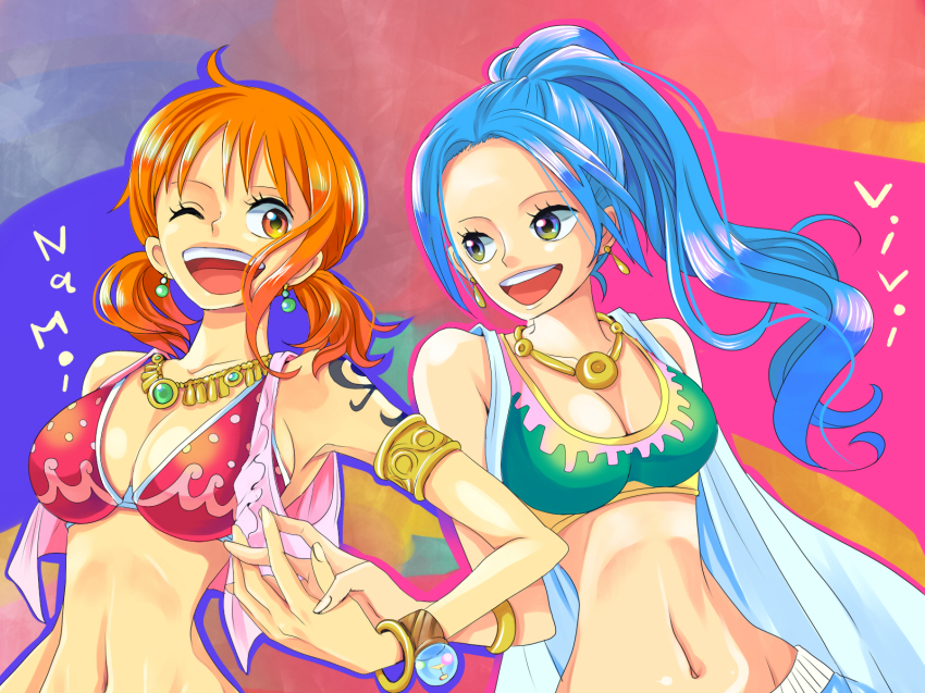 2girls ;d alabasta alternate_color bare_shoulders blue_hair bracelet breasts character_name earrings gold_bracelet gold_earrings gold_necklace gradient_background highres himerinco jewelry log_pose long_hair midriff multiple_girls nami_(one_piece) nami_(one_piece)_(alabasta) navel necklace nefertari_vivi one_eye_closed one_piece open_mouth orange_hair princess shoulder_tattoo smile tattoo wink