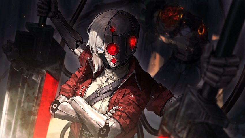 1girl 1other bandolier belt black_mask blood bloody_weapon blue_eyes coat collared_coat collared_jacket corpse crossed_arms cyborg death decapitation dual_wielding extra_arms faust_(project_moon) game_cg greatsword half_mask highres holding jacket limbus_company looking_at_viewer mask mechanical_arms mouth_mask multicrack_office_(identity)_(project_moon) ninja_mask official_alternate_costume official_art pants project_moon prosthesis prosthetic_arm red_jacket sash shoulder_sash solo_focus sword third-party_source weapon white_coat white_hair wire