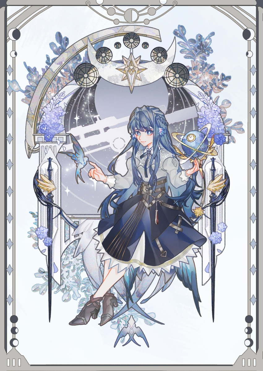 1girl absurdres arknights astesia_(arknights) bird blue_hair celestial_globe commission crescent crossed_ankles dress flower full_body highres layered_dress sky smile solo star_(sky) star_(symbol) starry_sky sword telescope weapon yinxingbufuqiu04875
