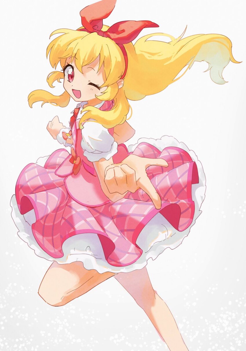 1girl aikatsu! aikatsu!_(series) blonde_hair bow hair_bow hair_ribbon hairband highres hoshimiya_ichigo idol kamogawa140 long_hair one_eye_closed open_mouth pink_vest plaid pointing puffy_sleeves red_eyes red_hairband ribbon simple_background skirt smile solo vest white_background