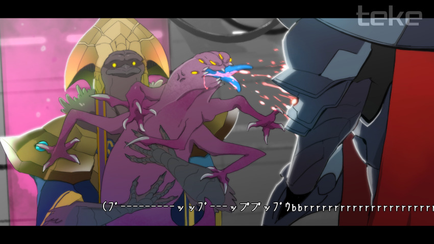 2boys armor banner beak blue_robe chozo claws fangs feathers holding metroid metroid_dread monster multiple_boys nintendo no_humans quiet_robe_(metroid) raven_beak_(metroid) robe signature spitting teke tongue yellow_eyes