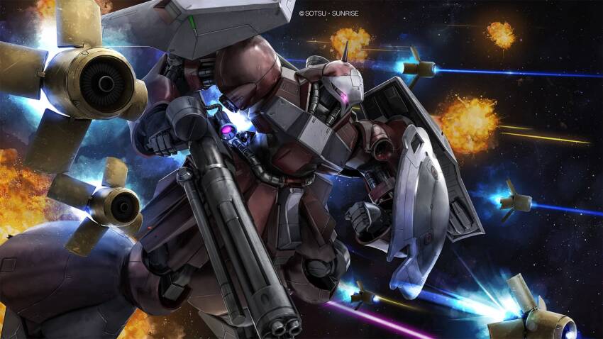 absurdres battle beam_cannon char&#039;s_counterattack company_name copyright_notice energy energy_beam explosion funnels_(gundam) glowing glowing_eye gundam gundam_battle_operation_2 highres holding holding_weapon jagd_doga_quess_custom machinery mecha mecha_focus mobile_suit neo_zeon no_humans official_art one-eyed painting_(medium) pink_eyes realistic robot scan science_fiction solo space sunrise_(company) tenjin_hidetaka thrusters traditional_media weapon