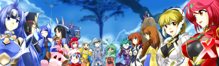 6+girls absurdres android armor artist_request blonde_hair breasts brighid_(xenoblade) closed_eyes curly_hair dark-skinned_female dark_skin day elhaym_van_houten emerada_(xenogears) everyone eyepatch fingerless_gloves fiora_(xenoblade) fire glasses gloves hat headband highres jacket kos-mos leotard long_hair momo_mizrahi marguerite_fatima maria_balthasar mecha-fiora medium_breasts military military_hat military_uniform morag_ladair_(xenoblade) multiple_girls nintendo opaque_glasses pandoria_(xenoblade) pauldrons pointy_ears poppi_(xenoblade) poppi_alpha_(xenoblade) purple_hair pyra_(xenoblade) reverse_trap robot seraphita_(xenogears) shion_uzuki short_hair shoulder_armor sky smile spoilers t-elos xenoblade_chronicles_(series) xenoblade_chronicles_1 xenoblade_chronicles_2 xenoblade_chronicles_x xenogears xenosaga