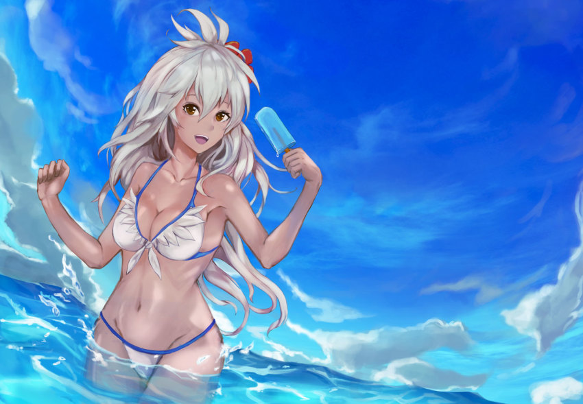 10s 1girl :d ahoge bikini breasts brown_eyes cleavage dark-skinned_female dark_skin day eru_(eru_illust) female_focus flower food front-tie_top granblue_fantasy hair_flower hair_ornament in_water long_hair looking_at_viewer medium_breasts navel ocean open_mouth outdoors partially_submerged popsicle smile solo standing swimsuit wading white_bikini white_hair zooey_(granblue_fantasy) zooey_(summer)_(granblue_fantasy)