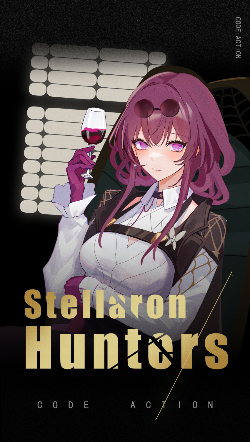 1girl absurdres alcohol commentary_request cup drinking_glass eyewear_on_head gloves hand_up highres holding holding_cup honkai:_star_rail honkai_(series) kafka_(honkai:_star_rail) long_hair long_sleeves looking_at_viewer musicatopos parody purple_eyes purple_gloves purple_hair shirt solo sunglasses the_godfather upper_body white_shirt wine wine_glass