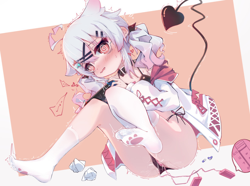 1girl @_@ ahoge an_jin_yu_jue asymmetrical_legwear black_bra black_panties black_ribbon blue_bow blue_nails blush border bow bra chinese_text collar controller cross-laced_clothes cross-laced_sleeves crossed_bangs demon_girl demon_tail dildo drooling female_focus female_masturbation flat_chest gradient_hair grey_hair hair_between_eyes hair_bow hair_flaps hair_ornament hair_ribbon hairclip handheld_game_console hands_up heart highres holding holding_handheld_game_console jacket knees_together_feet_apart leaning_forward leg_up long_hair long_sleeves masturbation mouth_drool multicolored_hair nail_polish nintendo_switch nose_blush off_shoulder open_mouth orange_background original outside_border panties paw_print pill pussy_juice red_bow red_eyes red_hair remote_control remote_control_vibrator ribbon sex_toy side-tie_panties sidelocks simple_background single_sock single_thighhigh socks solo speech_bubble spoken_heart string_panties sweat tail tail_raised thighhighs translation_request trembling twintails two-tone_hair underwear uneven_legwear vibrator vibrator_cord vibrator_under_clothes white_border white_jacket white_socks white_thighhighs zipper_pull_tab
