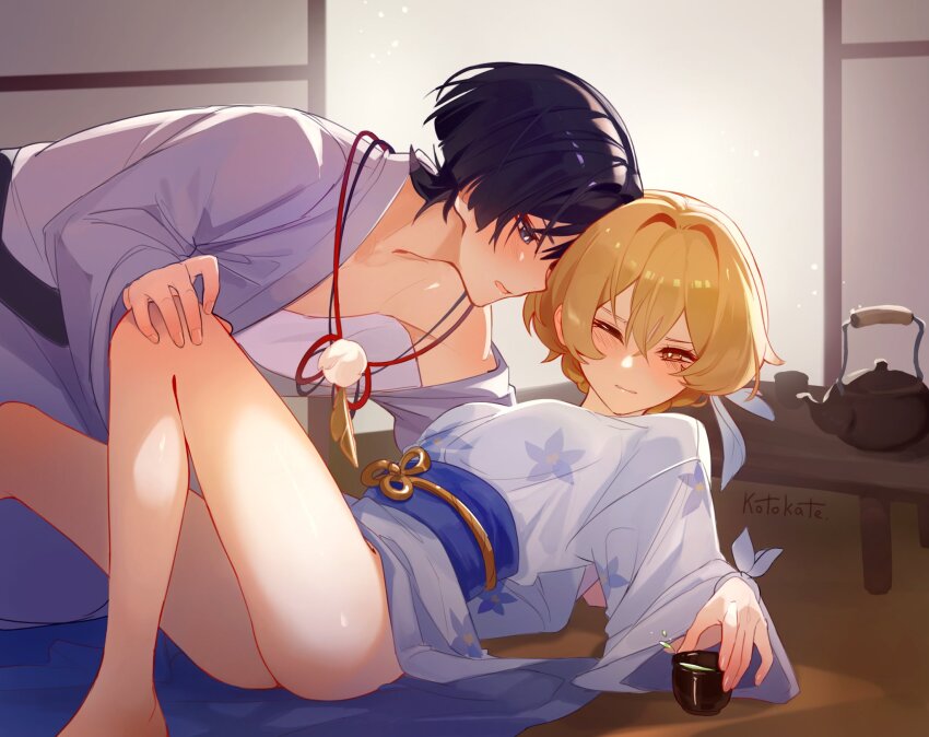 1boy 1girl alternate_hairstyle barefoot black_hair blonde_hair blue_kimono blush bottomless breasts closed_mouth commentary cup english_commentary floral_print genshin_impact hair_between_eyes hair_up hetero highres indoors japanese_clothes jewelry kimono kotokate lumine_(genshin_impact) medium_breasts necklace obi on_floor one_eye_closed purple_kimono sash scaramouche_(genshin_impact) scaramouche_(kabukimono)_(genshin_impact) table wide_sleeves yukata