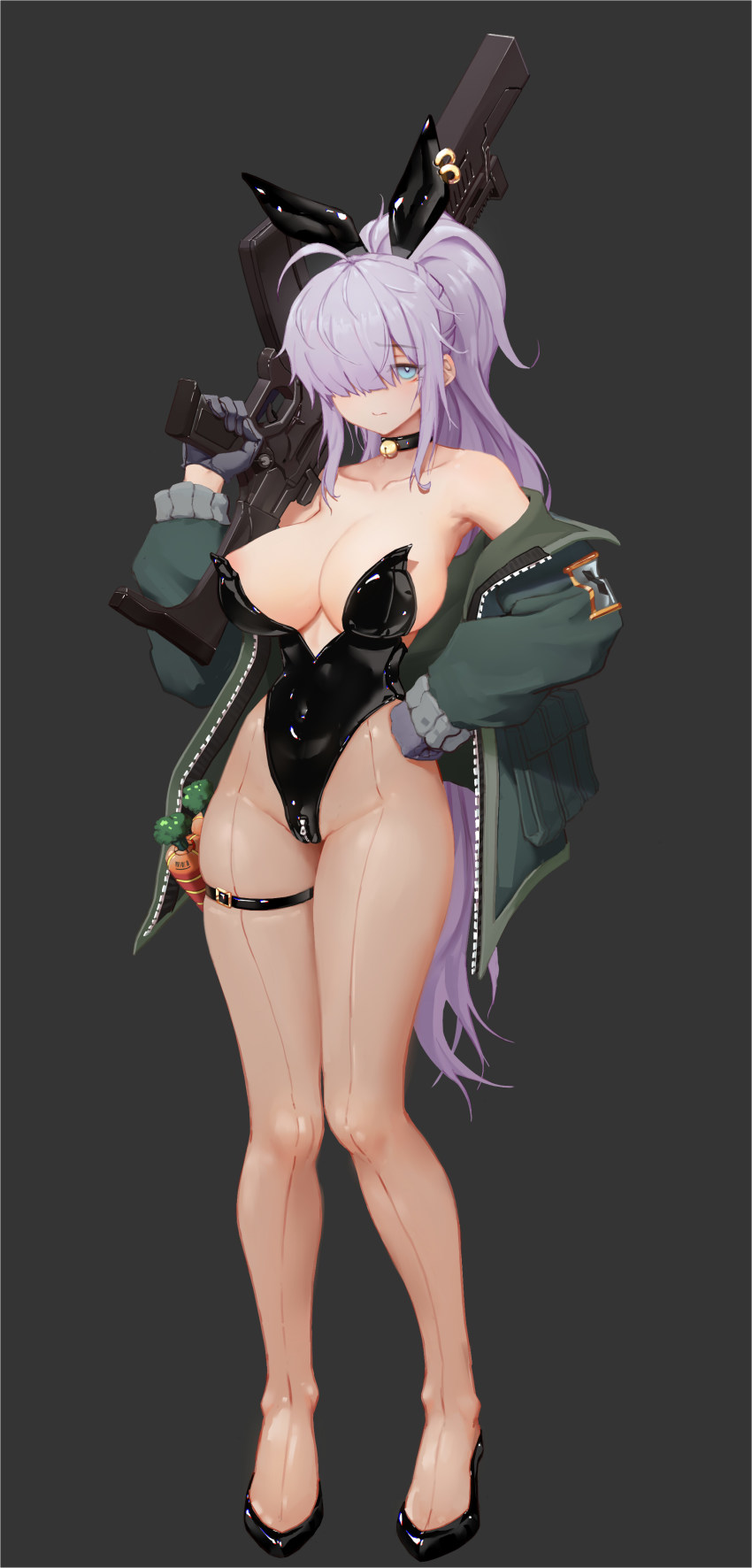 1girl absurdres areola_slip bell gnome_(last_origin) greentree gun high_ponytail highres last_origin leotard long_hair neck_bell pantyhose playboy_bunny ponytail shiny_clothes sidelocks skindentation solo thigh_strap very_long_hair weapon