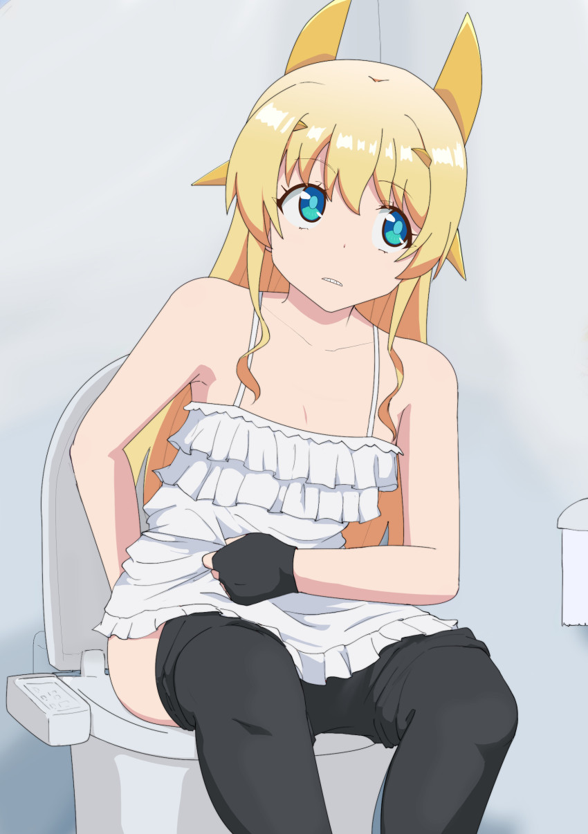 1girl absurdres blonde_hair blue_eyes clothes_pull dress fantasy_bishoujo_juniku_ojisan_to fingerless_gloves flat_chest gloves gobanme_no_mayoi_neko highres long_hair pants pants_pull pantyhose sharp_teeth solo spaghetti_strap tachibana_hinata_(fantasy_bishoujo) teeth tiara toilet toilet_use