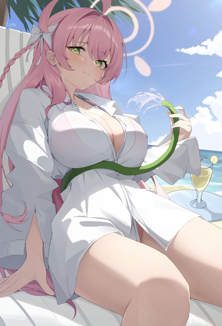 1girl absurdres ahoge arm_support bikini blue_archive blue_sky blush bow braid breasts cleavage closed_mouth commentary_request cup drinking_glass green_eyes hair_bow hair_intakes halo hanako_(blue_archive) hanako_(swimsuit)_(blue_archive) highres holding holding_hose hose k_cyp large_breasts long_hair long_sleeves looking_at_viewer official_alternate_costume partially_unbuttoned pink_bikini pink_hair pink_halo shirt single_braid sitting sky smile solo swimsuit thighs white_bow white_shirt