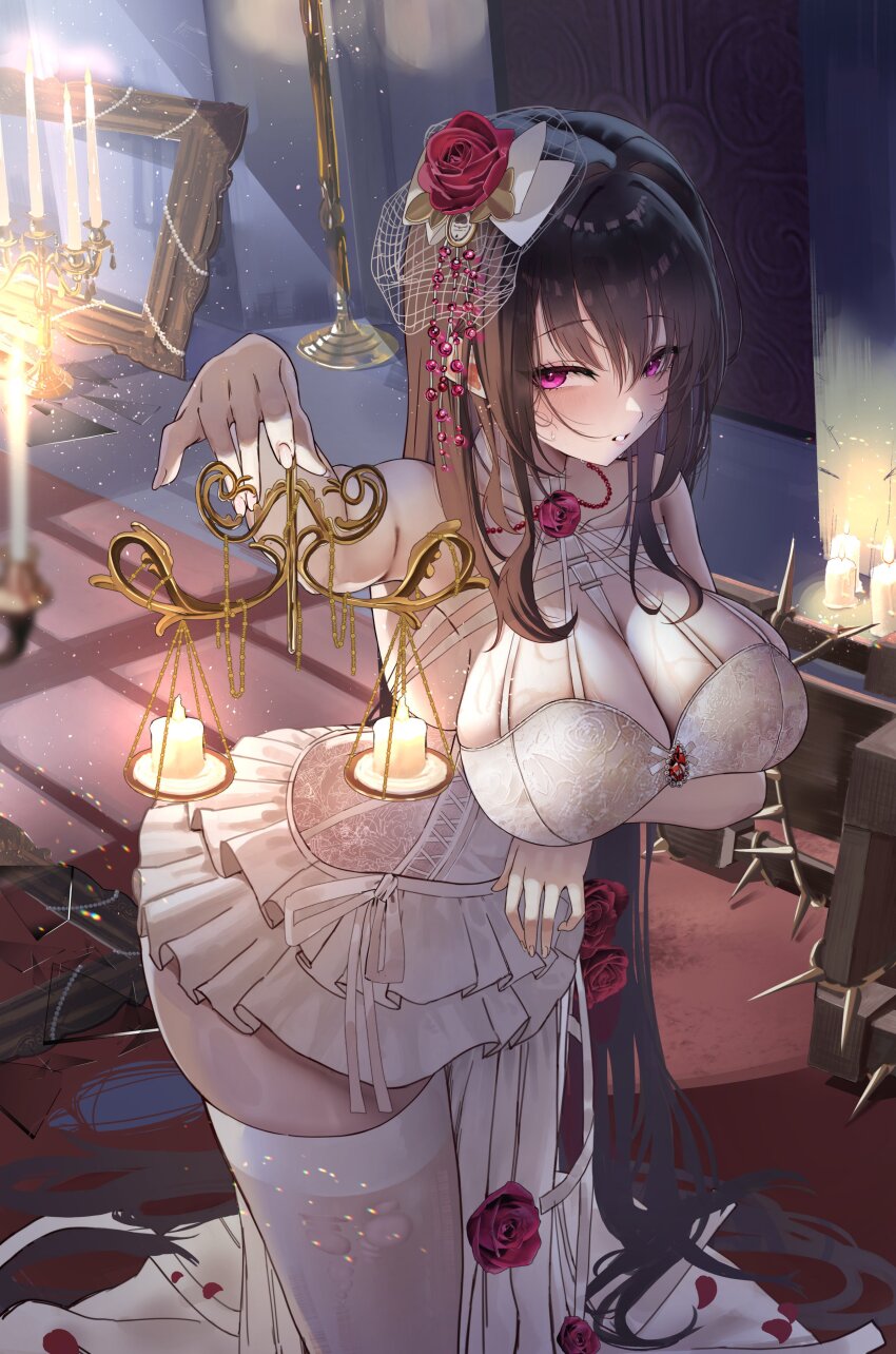 1girl absurdres arm_under_breasts between_breasts black_hair bow breasts broken_glass broken_mirror candle dress flower glass goddess_of_victory:_nikke hair_bow hair_flower hair_ornament highres large_breasts long_hair mihara_(nikke) mirror purple_eyes red_brooch red_flower red_rose rose rossy_(yowayowachimpo) solo sweat thighhighs weighing_scale white_bow white_dress