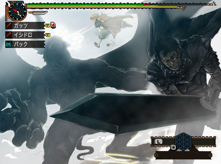 2boys armor backpack bag battle berserk capcom cape claws dal-segno demon dragonslayer_(sword) epic fairy fake_screenshot fighting guts_(berserk) heads-up_display highres horns huge_weapon ishidro isidro_(berserk) monster monster_hunter_(series) multiple_boys parody puck_(berserk) randoseru sword tail throwing translated user_interface weapon wings zodd_(berserk)
