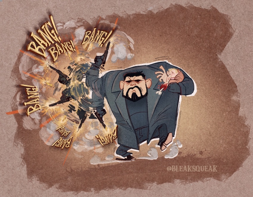 artist_name baby beard black_gloves black_hair black_jacket black_pants black_shirt black_shoes blanket bleaksqueak blonde_hair blood carrying carrying_baby carrying_person cartoon_bone chris_redfield disembodied_hand facial_hair firing gloves gun highres holding_limb jacket motion_blur pants pupukachoo resident_evil resident_evil_village rosemary_winters shaded_face shirt shoes smile sneer sound_effects suppressor weapon wrapped_in_blanket