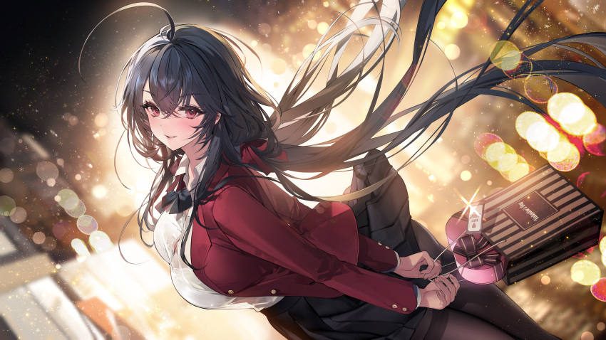 1girl absurdres ahoge arms_behind_back azur_lane bag black_bow black_bowtie black_hair black_pantyhose black_skirt blurry blurry_background blush bokeh bow bowtie bra_visible_through_clothes breasts collared_shirt crossed_bangs depth_of_field dutch_angle floating_hair from_side gift hair_between_eyes highres holding holding_bag holding_gift huge_ahoge jacket large_breasts light_particles long_hair long_sleeves looking_at_viewer miniskirt night official_alternate_costume official_art open_clothes open_jacket outdoors pantyhose parted_lips pleated_skirt red_eyes red_jacket school_uniform see-through_clothes see-through_shirt shirt shirt_tucked_in skirt smile solo taihou_(azur_lane) taihou_(sweet_time_after_school)_(azur_lane) thighband_pantyhose valentine very_long_hair white_shirt