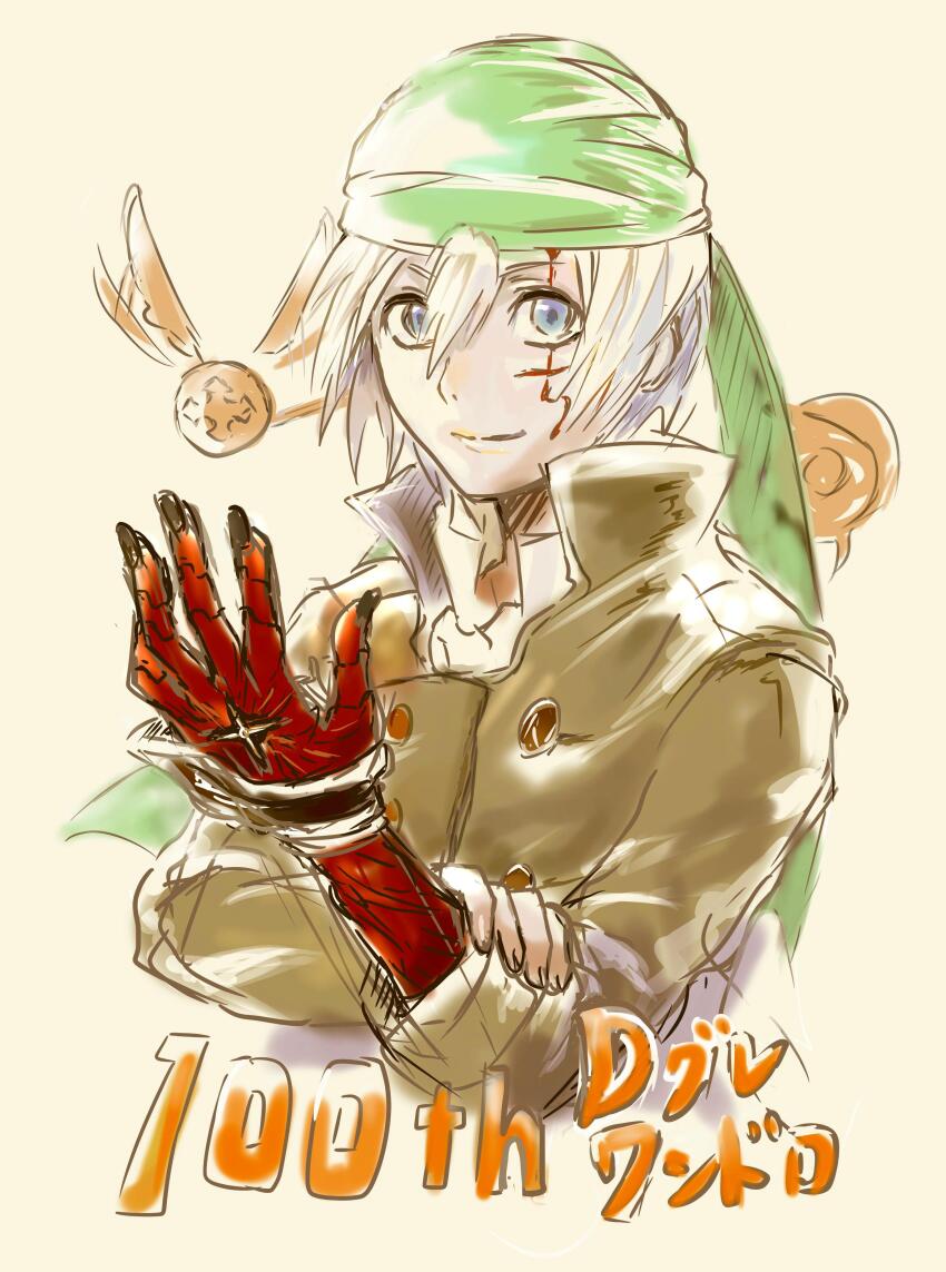 1boy 1other absurdres allen_walker blue_eyes brown_coat coat collared_coat colored_extremities creature cross d.gray-man facial_mark flying golem_(d.gray-man) green_headscarf hair_between_eyes hand_on_own_arm headscarf highres light_smile looking_at_viewer male_focus scar scar_on_face shirt short_hair tail tetora timcanpy white_hair white_shirt wing_flapping wings wristband yellow_background
