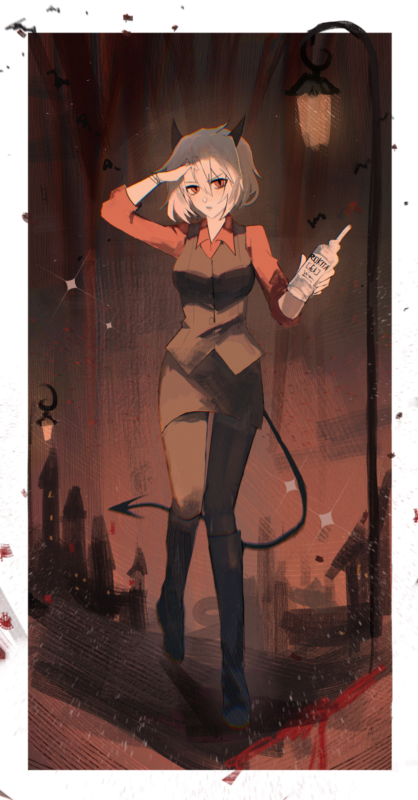 1girl absurdres alcohol annoyed black_border black_horns black_nails black_tail black_vest blush border bottle breasts commentary demon_girl demon_horns demon_tail green_background hand_in_own_hair helltaker highres holding holding_bottle horns large_breasts looking_at_viewer malina_(helltaker) pantyhose red_eyes red_shirt shirt short_hair solo tail uruauro vest vodka waistcoat white_hair