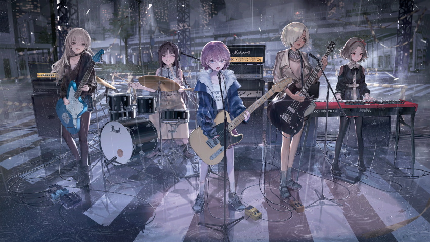 5girls absurdres ahoge amplifier awa_subaru bass_guitar black_dress black_footwear black_hair black_pantyhose black_ribbon black_socks black_sweater blue_eyes blue_jacket blue_shorts boots bow bridge brown_eyes brown_jacket brown_skirt brown_sweater_vest building cable caution_tape cityscape clavia_digital_musical_instruments clenched_teeth commentary crosswalk dot_nose dress drum drum_set drumsticks ebizuka_tomo effects_pedal electric_guitar fender_telecaster gibson_sg_(bass) girls_band_cry glint grey_eyes grey_hair grey_shirt grey_socks grin guitar hair_between_eyes hair_bow hair_over_one_eye highres holding holding_drumsticks holding_instrument holding_plectrum instrument iseri_nina jacket kawaragi_momoka kawasaki_(kanagawa) keyboard_(instrument) lamppost light_particles long_hair long_sleeves low_twintails lower_teeth_only marshall_amplification microphone microphone_stand mole mole_under_eye multiple_girls music neck_ribbon night one_eye_closed open_clothes open_jacket open_mouth outdoors overhead_line pantyhose pantyhose_under_shorts parted_bangs pearl_drums plaid_clothes plaid_shirt playing_bass_guitar playing_drum playing_guitar playing_instrument playing_piano plectrum fender_jazzmaster railing rain real_world_location red_bow red_eyes red_skirt reflective_floor ribbon ripples road_sign rsef rupa_(girls_band_cry) shirt short_hair short_twintails shorts sidelocks sign singing sitting skirt sleeveless sleeveless_shirt three-quarter_sleeves sleeves_past_wrists smile socks standing sweater sweater_vest synthesizer teeth traffic_barrier traffic_light tree twintails whammy_bar white_shirt white_socks