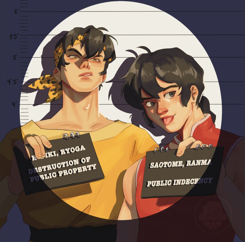 2boys ahoge artist_logo artist_name bandana belt black_bandana black_belt black_eyes black_hair braid braided_ponytail brown_eyes collarbone commentary english_commentary english_text furrowed_brow height_mark hibiki_ryouga highres holding holding_sign lips logo long_hair long_sleeves looking_at_viewer looking_down male_focus mandarin_collar mugshot multiple_boys muscular muscular_male nameplate nose ranma_1/2 red_shirt saotome_ranma shirt side-by-side sign signature single_braid sleeveless sleeveless_shirt sneer spotlight thekoihoi tongue tongue_out two-tone_bandana upturned_nose yellow_bandana yellow_shirt