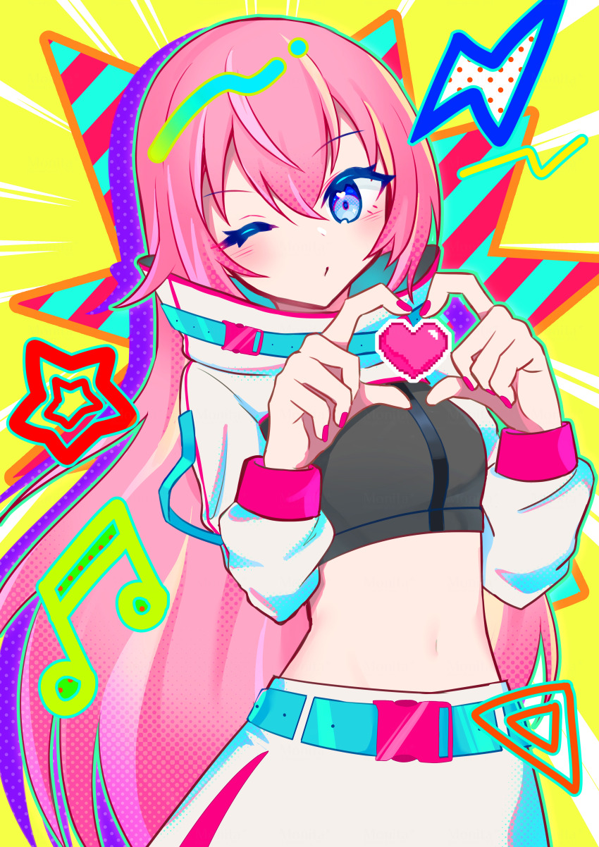 1girl absurdres aqua_belt blue_eyes closed_mouth commentary_request crop_top hair_between_eyes hands_up heart heart_hands high_collar highres jacket light_blush long_hair long_sleeves looking_at_viewer magical_mirai_(vocaloid) magical_mirai_luka magical_mirai_luka_(2023) megurine_luka midriff monitaros_393 musical_note navel one_eye_closed pink_hair pink_nails skirt solo star_(symbol) upper_body vocaloid white_jacket white_skirt
