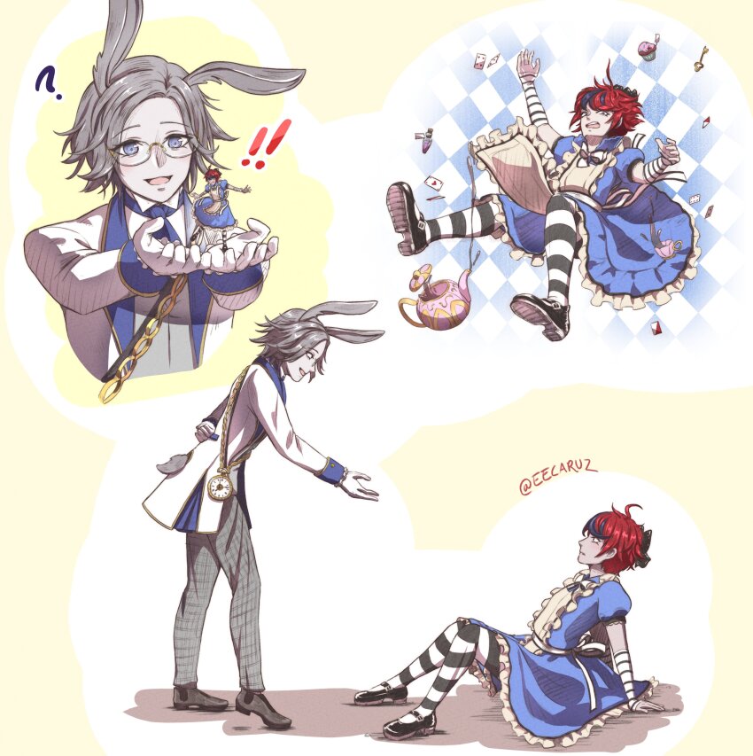 ! !! 2boys ahoge alice_(alice_in_wonderland) alice_(alice_in_wonderland)_(cosplay) alice_in_wonderland_(disney) aotsuki_eito black_hair black_pantyhose black_stripes blue_dress chain crossdressing dress eye_contact falling full_body gold_chain grey_hair looking_at_another male_focus messy_hair multicolored_hair multiple_boys outstretched_arm outstretched_arms outstretched_hand pantyhose rabbit_ears rabbit_tail red_hair sitting striped_clothes striped_pantyhose sumino_takumi the_hundred_line_-last_defense_academy- white_background white_pantyhose white_rabbit_(alice_in_wonderland) white_rabbit_(alice_in_wonderland)_(cosplay) white_stripes yellow_background