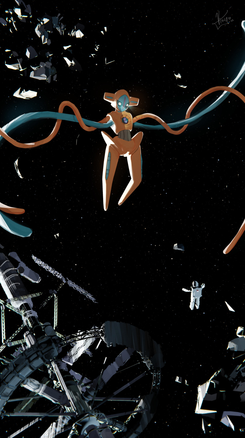 1other absurdres black_eyes chromatic_aberration commentary deoxys deoxys_(normal) floofy_viixen gen_3_pokemon glowing glowing_eyes helmet highres mythical_pokemon nintendo poke_ball_print pokemon pokemon_(creature) signature size_difference space space_helmet space_station spacesuit star_(sky) tentacles