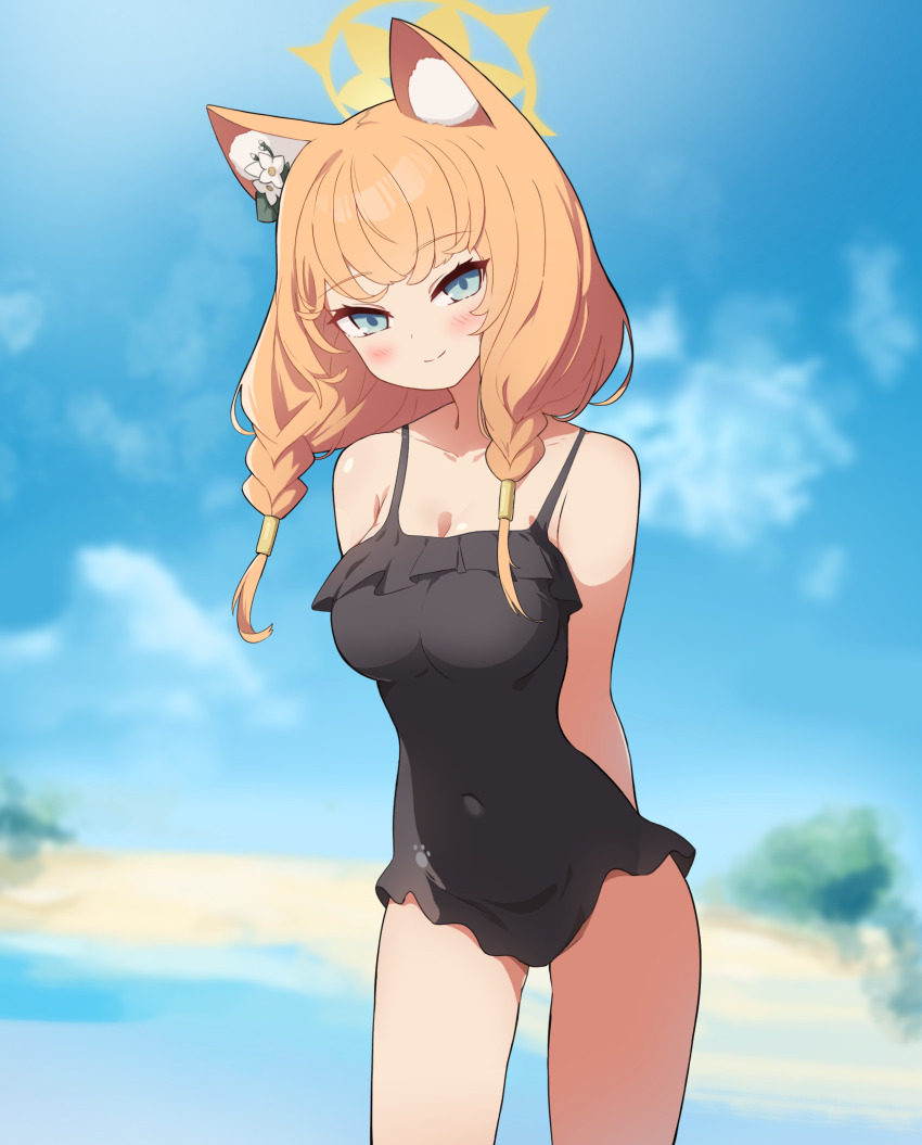 1girl absurdres animal_ear_fluff animal_ears aqua_eyes arms_behind_back beach black_one-piece_swimsuit blue_archive blue_sky blurry braid cat_ears cat_girl cloud cloudy_sky commentary depth_of_field flower frilled_one-piece_swimsuit frills hair_between_eyes hair_flower hair_ornament hair_tubes halo highres horizon kittenlochen leaning_forward long_hair looking_at_viewer mari_(blue_archive) mari_(swimsuit)_(blue_archive) ocean official_alternate_costume official_alternate_hairstyle one-piece_swimsuit orange_hair outdoors sidelocks single_braid sky solo swimsuit