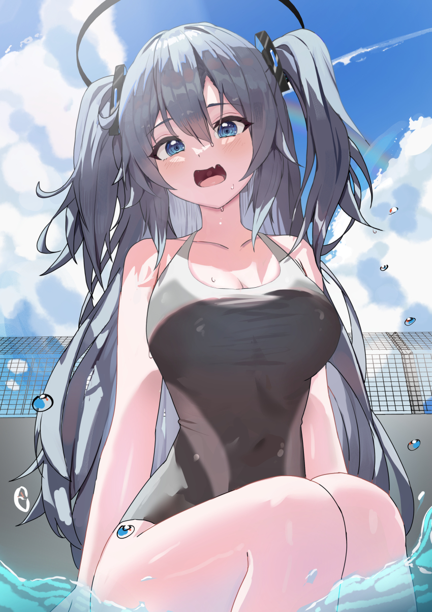 1girl absurdres alternate_costume alternate_eye_color alternate_hair_color bare_arms bare_shoulders black_hair black_one-piece_swimsuit blue_archive blue_eyes breasts cleavage fang from_below hair_between_eyes highres hwanhee large_breasts long_hair looking_at_viewer one-piece_swimsuit open_mouth partially_submerged sidelocks skin_fang solo swimsuit two_side_up wet yuuka_(blue_archive)