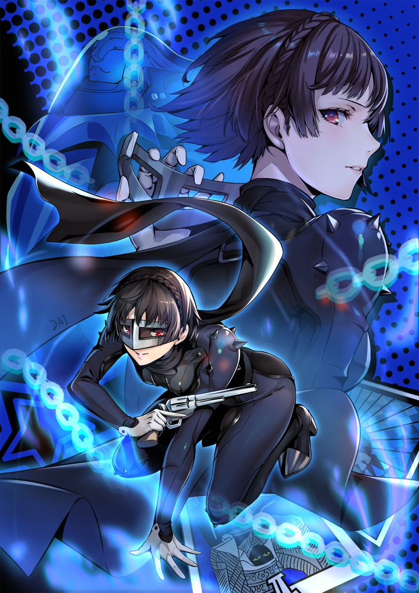 1girl arm_support black_scarf blue_bodysuit blunt_bangs bodysuit braid brown_hair chain commentary crown_braid da-cart english_commentary eye_mask floating_scarf full_body gloves gun hand_on_ground handgun high_heels highres holding holding_gun holding_weapon kneeling long_sleeves looking_at_viewer multiple_views niijima_makoto parted_lips persona persona_5 red_eyes scarf short_hair shoulder_spikes smile spikes upper_body weapon white_gloves