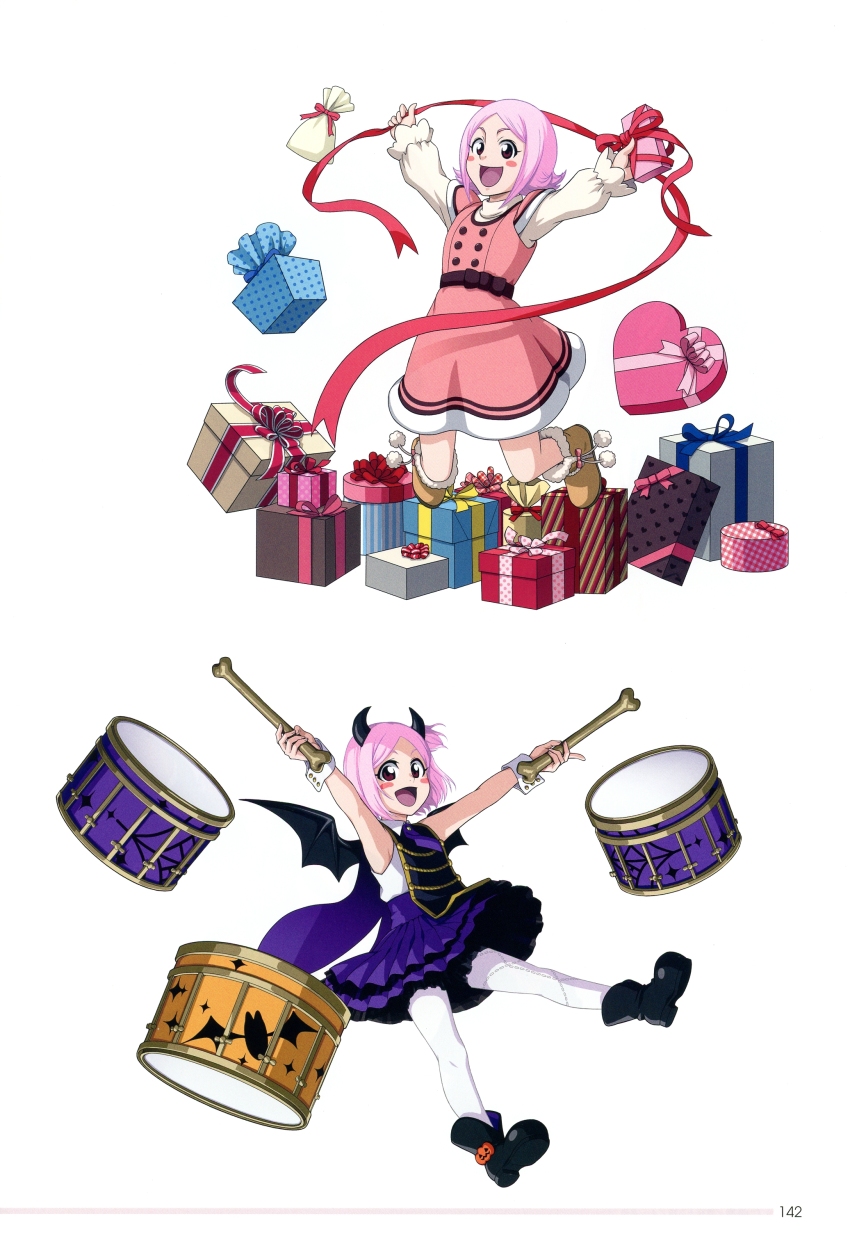 1girl absurdres alternate_costume arms_up artbook bleach bleach:_brave_souls blush_stickers box cosplay demon_girl_(cosplay) dress fake_wings gift gift_box happy highres holding holding_sword holding_weapon jumping kusajishi_yachiru looking_at_viewer non-web_source official_alternate_costume official_art open_mouth pink_hair plaid_clothes plaid_skirt sash scan shihakusho short_hair skirt smile sword weapon white_background wide_sleeves wings