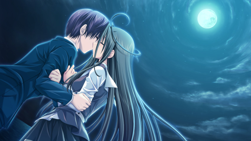 1boy 1girl ahoge alpha_(yukai_na_nakamatachi) azai_kyousuke black_hair black_jacket black_skirt brown_hair brown_vest closed_eyes couple floating_hair full_moon g-senjou_no_maou game_cg hetero jacket kiss long_hair long_sleeves moon night outdoors pleated_skirt sailor_collar school_uniform shirt short_hair skirt standing usami_haru very_long_hair vest white_sailor_collar white_shirt