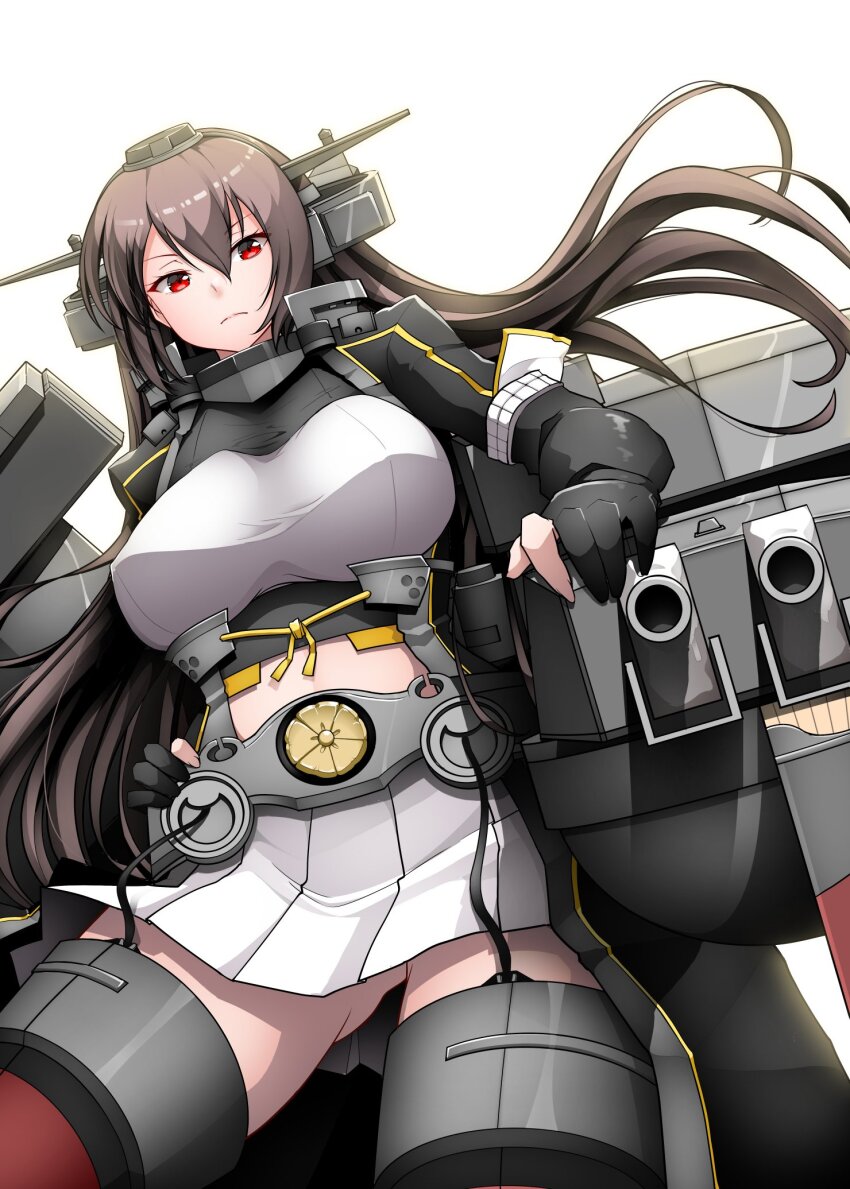 1girl belt black_gloves black_hair breasts commentary_request elbow_gloves gloves gun hair_between_eyes hand_on_own_hip headgear highres kantai_collection kirigakure_(kirigakure_tantei_jimusho) large_breasts long_hair looking_at_viewer miniskirt nagato_(kancolle) nagato_kai_ni_(kancolle) partially_fingerless_gloves red_eyes ship_turret simple_background skirt solo thighhighs weapon white_background white_skirt