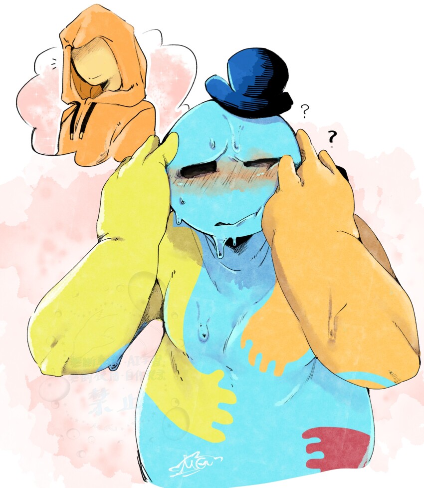 1boy 1other ? absurdres belly blush commentary_request doey_the_doughman_(poppy_playtime) hands_on_own_face hat highres m2133786545116 male_focus plump poppy_playtime speech_bubble spoken_character the_player_(poppy_playtime) thought_bubble top_hat