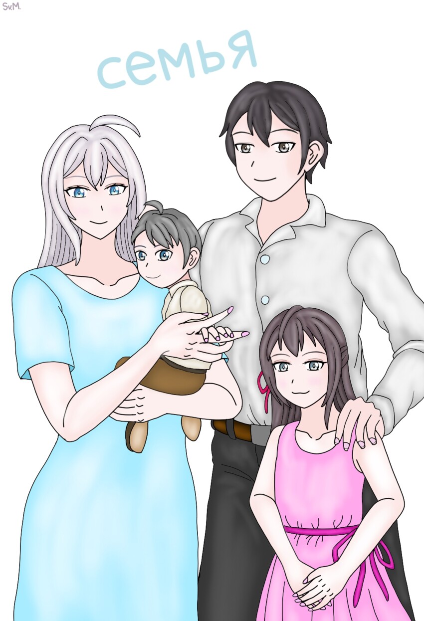 2boys 2girls absurdres alisa_mikhailovna_kujou black_hair blue_dress dress father_and_daughter father_and_son highres kuze_masachika male_focus mother_and_daughter multiple_boys multiple_girls tokidoki_bosotto_roshia-go_de_dereru_tonari_no_alya-san