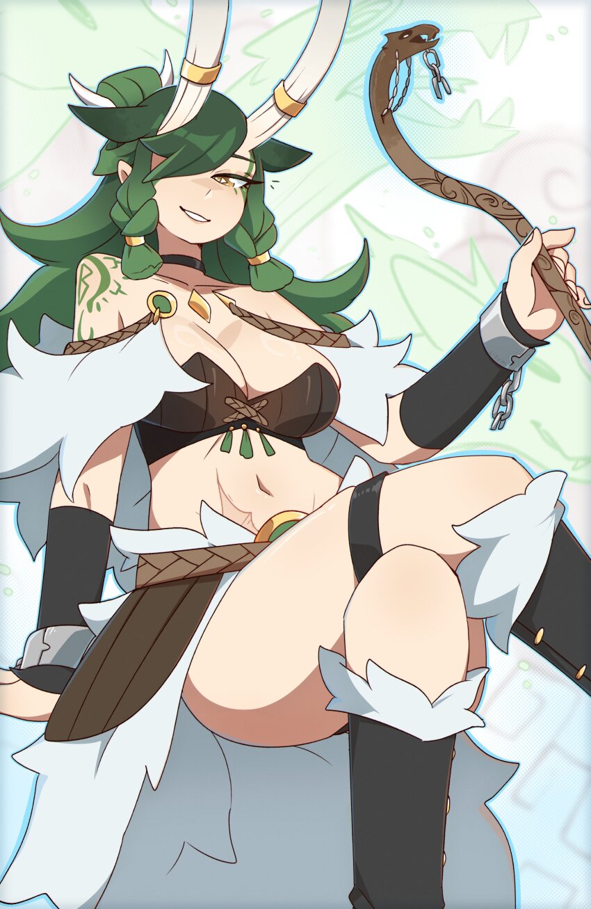 1girl absurdres bare_shoulders boots braid braided_sidelock breasts choker cleavage crossed_legs facial_tattoo green_hair grin hair_over_one_eye highres holding holding_staff horns knee_boots lieumare long_hair looking_at_viewer medium_breasts navel original parted_lips scar_on_hip shoulder_tattoo sitting smile solo staff tattoo thigh_strap twin_braids yellow_eyes