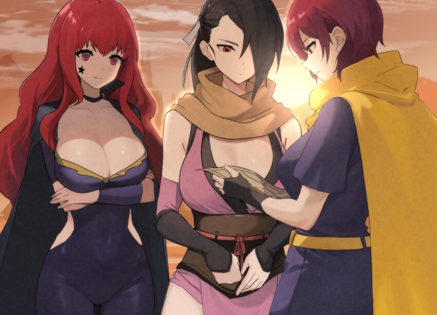 3girls ahonoko arms_under_breasts bare_shoulders bodysuit breasts brown_eyes brown_hair cape choker cleavage clothing_cutout cowboy_shot facial_mark fingerless_gloves fire_emblem fire_emblem:_the_blazing_blade fire_emblem_engage fire_emblem_fates gloves hair_ornament hair_over_one_eye holding holding_map kagero_(fire_emblem) large_breasts leila_(fire_emblem) long_hair map medium_breasts multiple_girls ninja nintendo outdoors ponytail purple_bodysuit red_eyes red_hair scarf short_hair side_cutout star_(symbol) star_facial_mark star_hair_ornament sunset thighs yellow_cape yellow_scarf yunaka_(fire_emblem)