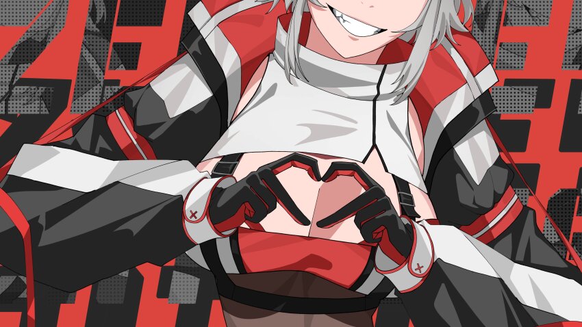 1girl absurdres black_gloves black_jacket breasts cleavage cleavage_cutout clothing_cutout gloves grey_hair heart heart_hands highres jacket kuroi_enpitsu large_breasts red_gloves shirt short_hair sidelocks smile solo turtleneck turtleneck_shirt two-sided_gloves two-tone_shirt virtual_youtuber vshojo white_shirt zentreya zentreya_(cyborg) zentreya_(cyborg)_(zen_2.0)