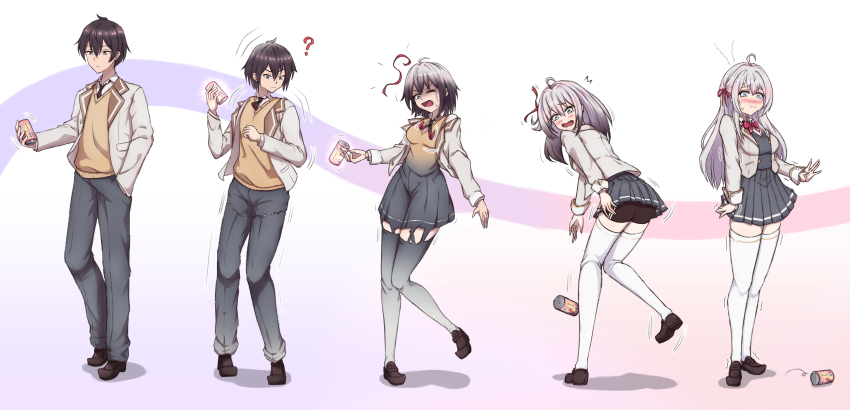 1boy 1girl ? absurdres ahoge alisa_mikhailovna_kujou bike_shorts black_eyes black_hair blue_eyes blue_pants blue_skirt blush bow breasts brown_cardigan brown_shoes can cardigan genderswap genderswap_(mtf) gradient_background grey_hair hair_ribbon highres kuze_masachika long_hair medium_breasts pants pleated_skirt pout red_bow red_ribbon ribbon school_uniform sequential shoes skirt surprised thighhighs tokidoki_bosotto_roshia-go_de_dereru_tonari_no_alya-san transformation transforming_clothes unmeiyuu white_thighhighs