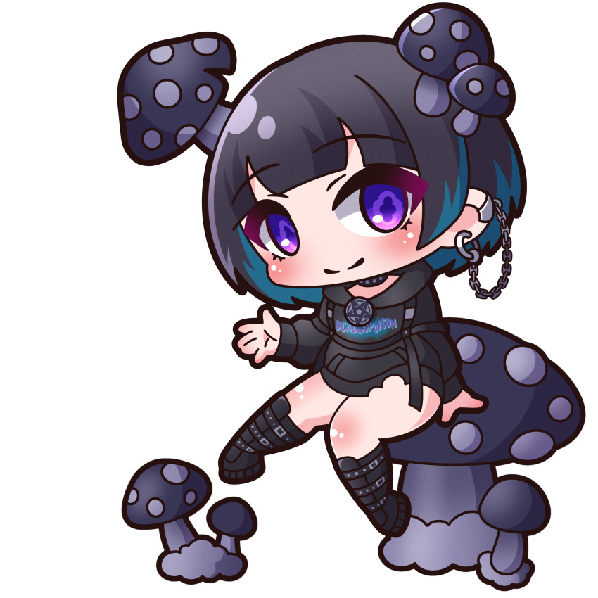 1girl absurdres black_boots black_hair black_hoodie blue_hair blush boots chibi closed_mouth clothes_writing commentary_request drawstring ear_chain english_text highres hood hood_down hoodie kinokoma_tango knee_boots linked_piercing long_sleeves looking_at_viewer multicolored_hair mushroom_on_head original puffy_long_sleeves puffy_sleeves purple_eyes saishosaisekojo simple_background sitting smile solo transparent_background two-tone_hair