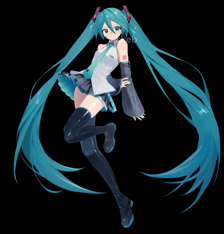 1girl aqua_eyes aqua_hair aqua_nails aqua_necktie black_background black_skirt black_sleeves black_thighhighs boots collared_shirt commentary commission detached_sleeves double-parted_bangs full_body grey_shirt hair_between_eyes hatsune_miku highres koko_niiru necktie number_tattoo pleated_skirt shirt skeb_commission skirt solo tattoo thigh_boots thighhighs vocaloid