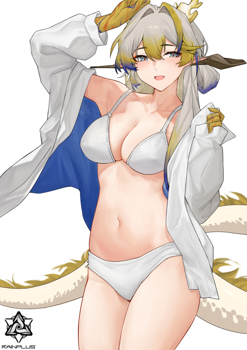 1girl :d absurdres alternate_costume arknights arm_up artist_logo artist_name blonde_hair blue_shirt blush bra breasts chinese_commentary cleavage collarbone colored_extremities commentary cowboy_shot dragon_girl dragon_horns dragon_tail grey_eyes grey_hair hair_between_eyes hair_intakes hand_up highres horns large_breasts logo long_hair looking_at_viewer multicolored_hair navel no_earrings open_mouth panties pointy_ears purple_hair shirt shu_(arknights) simple_background smile solo standing steaming_body tail two-sided_shirt underwear white_background white_bra white_panties white_shirt yu-ting_rainplus