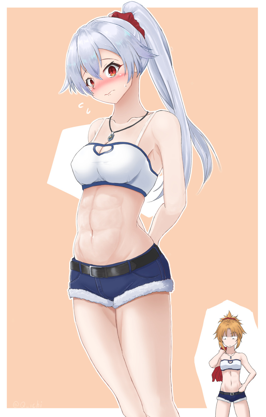 2girls 3: abs absurdres arms_behind_back bandeau bare_legs bare_shoulders beige_background belt black_belt blonde_hair blush breast_envy breasts carrying_over_shoulder cleavage cleavage_cutout closed_mouth clothing_cutout collarbone commentary_request cosplay covered_erect_nipples cowboy_shot crossed_bangs cutoffs denim denim_shorts fate/grand_order fate_(series) glint groin hair_between_eyes hair_ornament hair_scrunchie hand_on_own_hip highres holding holding_unworn_clothes holding_jacket holding_unworn_clothes jacket jewelry long_hair looking_at_viewer looking_down medium_breasts micro_shorts midriff mordred_(fate) mordred_(fate)_(cosplay) mordred_(fate/apocrypha) mordred_(memories_at_trifas)_(fate) multiple_girls navel necklace nose_blush parted_bangs ponytail raised_eyebrow red_eyes red_jacket red_scrunchie scrunchie shorts sidelocks silver_hair simple_background small_breasts standing sweatdrop taut_clothes tomoe_gozen_(fate) tsuchinari_yumiichi unworn_jacket white_background white_bandeau